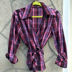 THE LIMITED PINK & PURPLE PLAID BLOUSE LARGE BELTED WRAP SIZE LARGE